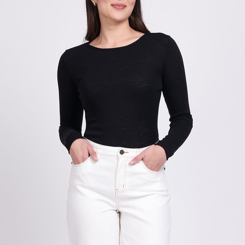 FINE MERINO CREW NECK TOP - BLACK