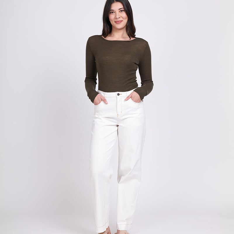 FINE MERINO CREW NECK TOP - KHAKI MARLE