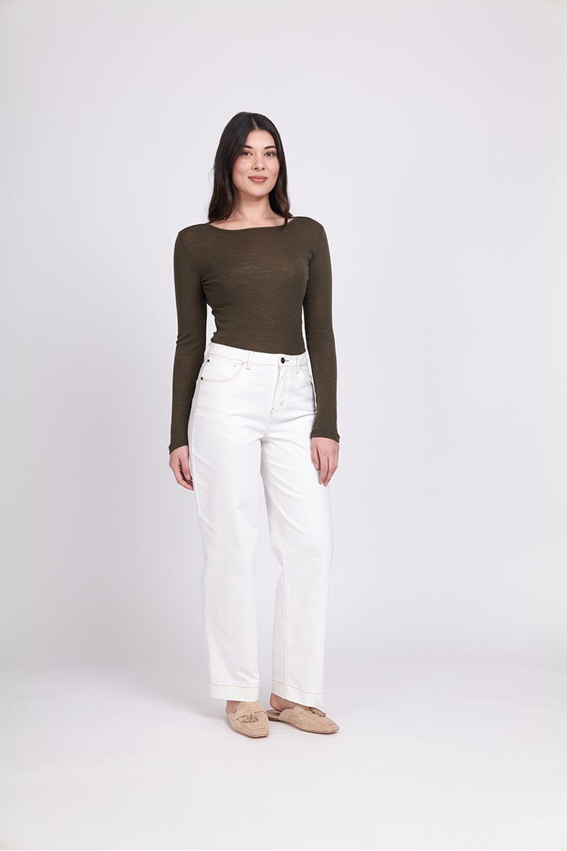 FINE MERINO CREW NECK TOP - KHAKI MARLE