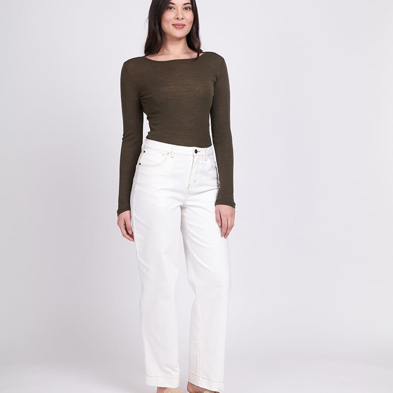 FINE MERINO CREW NECK TOP - KHAKI MARLE