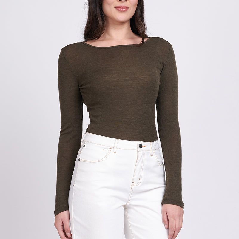 FINE MERINO CREW NECK TOP - KHAKI MARLE