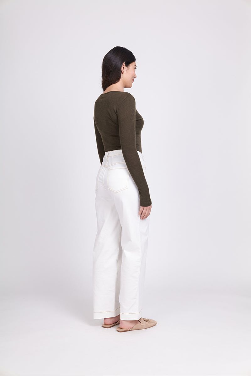 FINE MERINO CREW NECK TOP - KHAKI MARLE