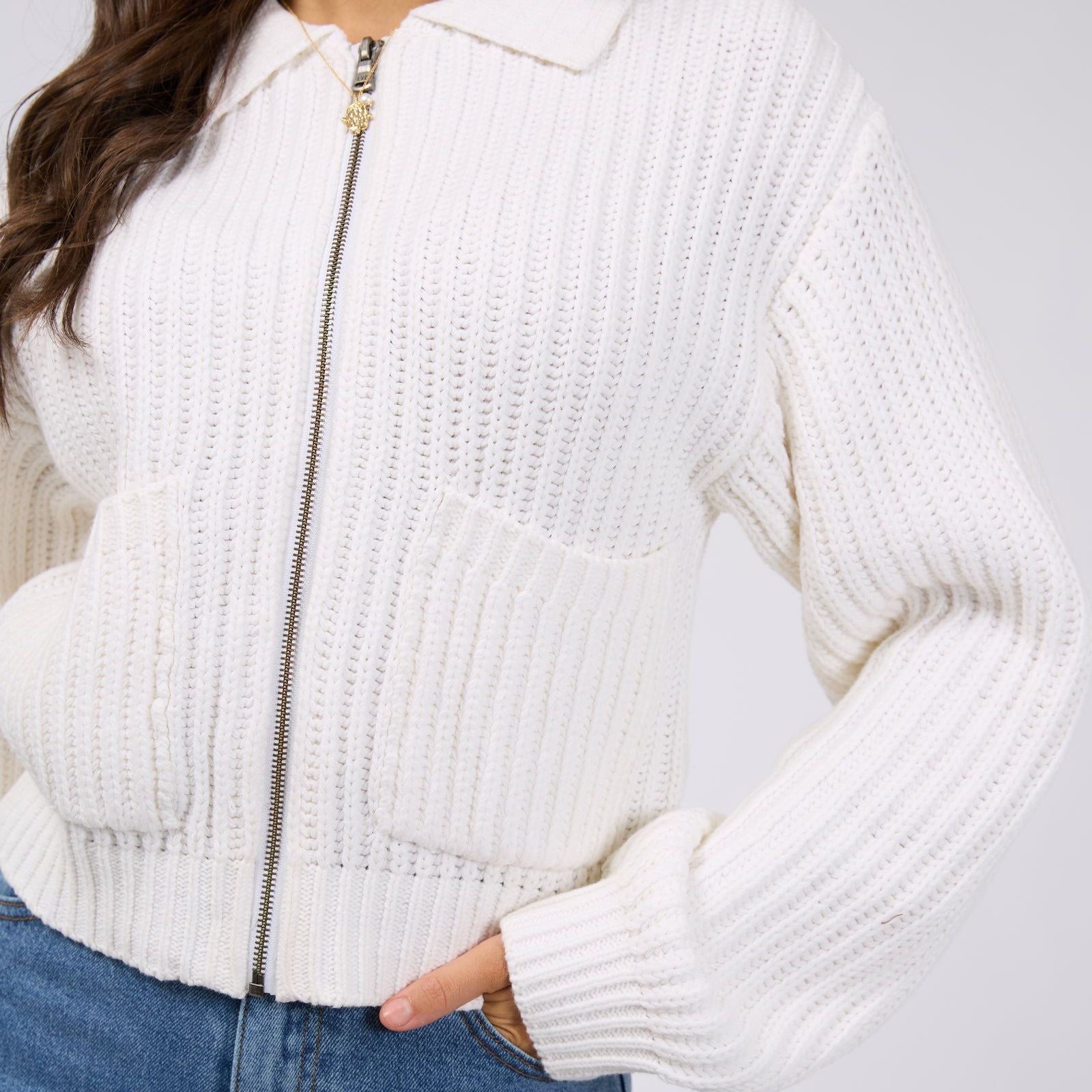 SOHO KNIT ZIP THROUGH - VINTAGE WHITE