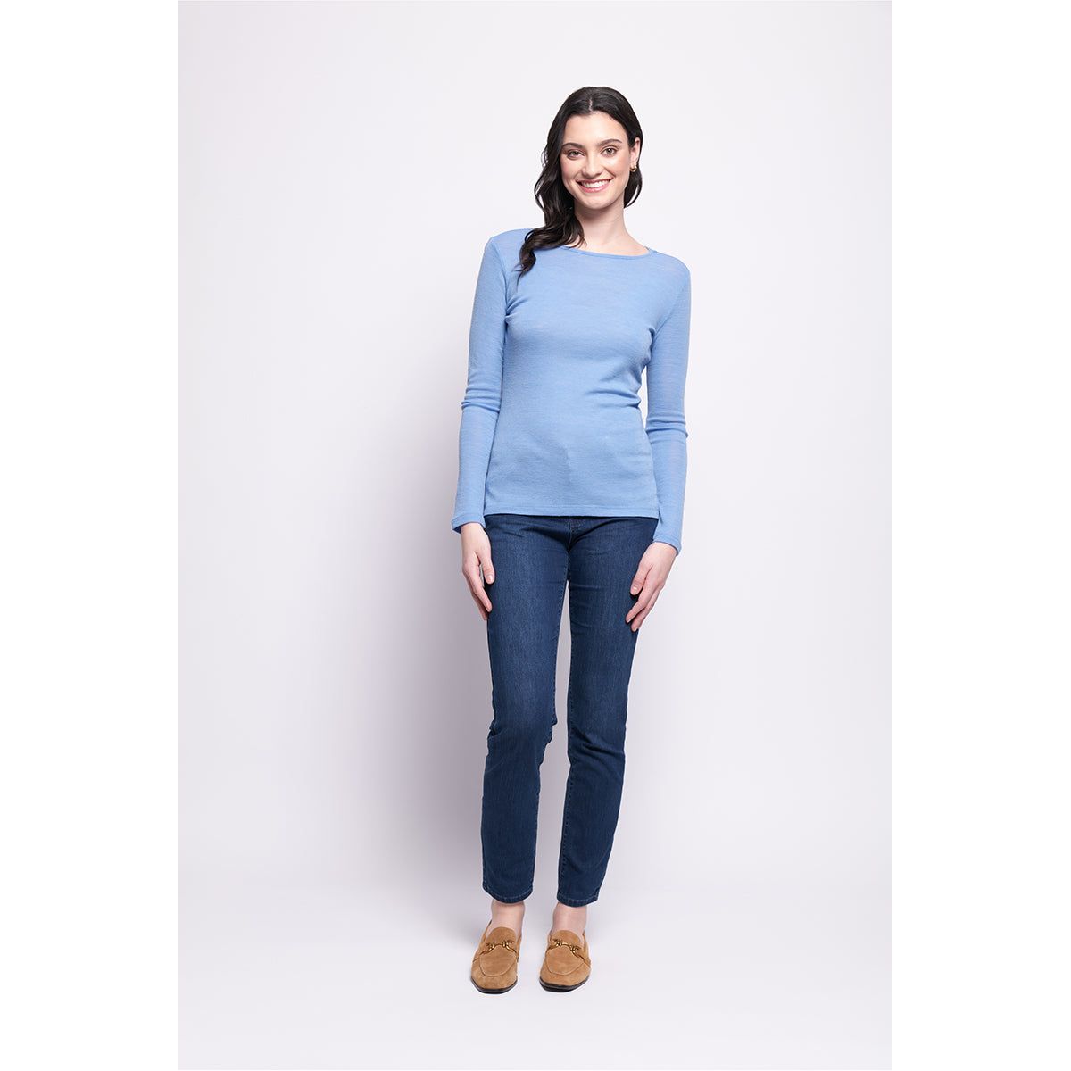 FINE MERINO CREW NECK TOP - STILL WATER