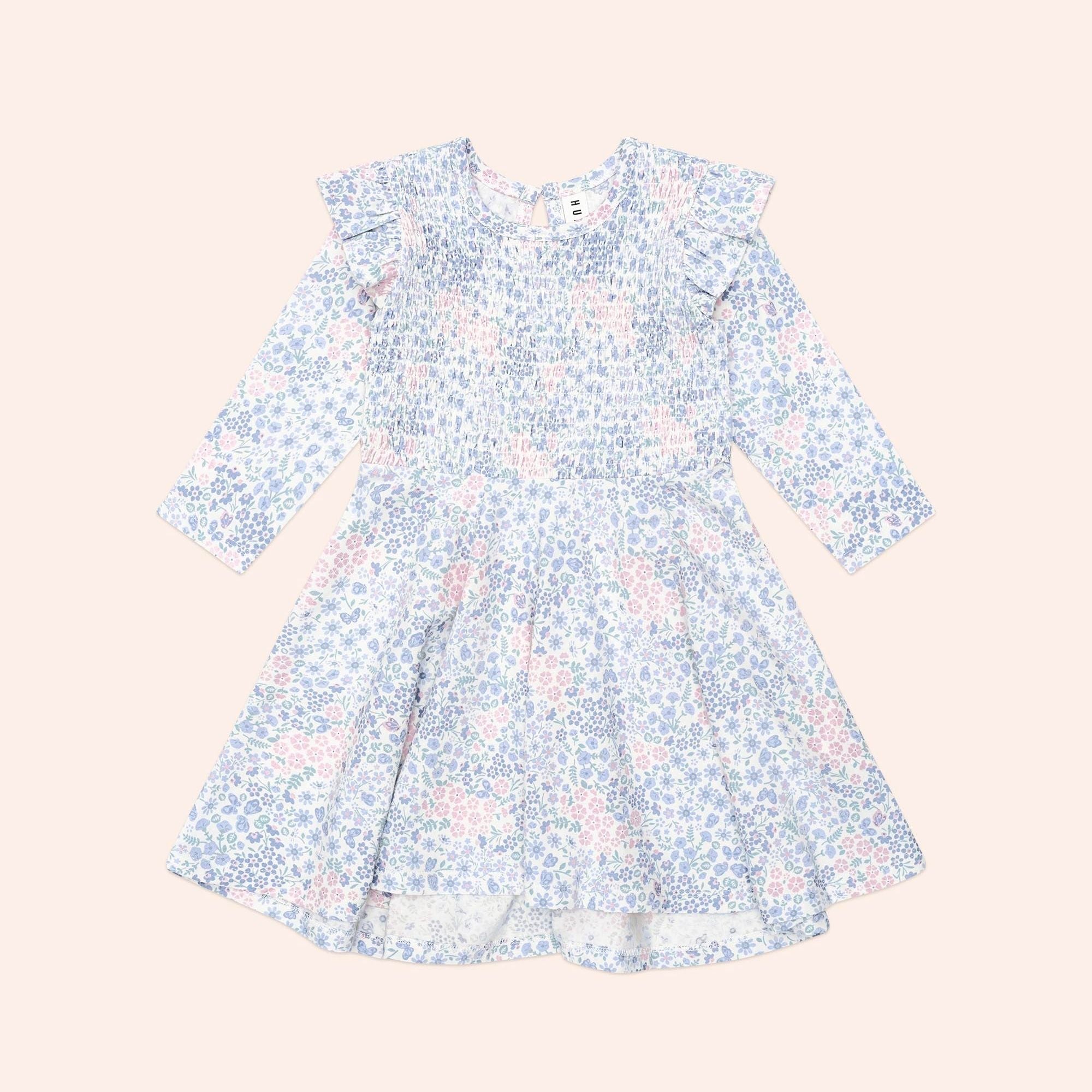 HUX FLOWER GARDEN SHIRRED L/S DRESS