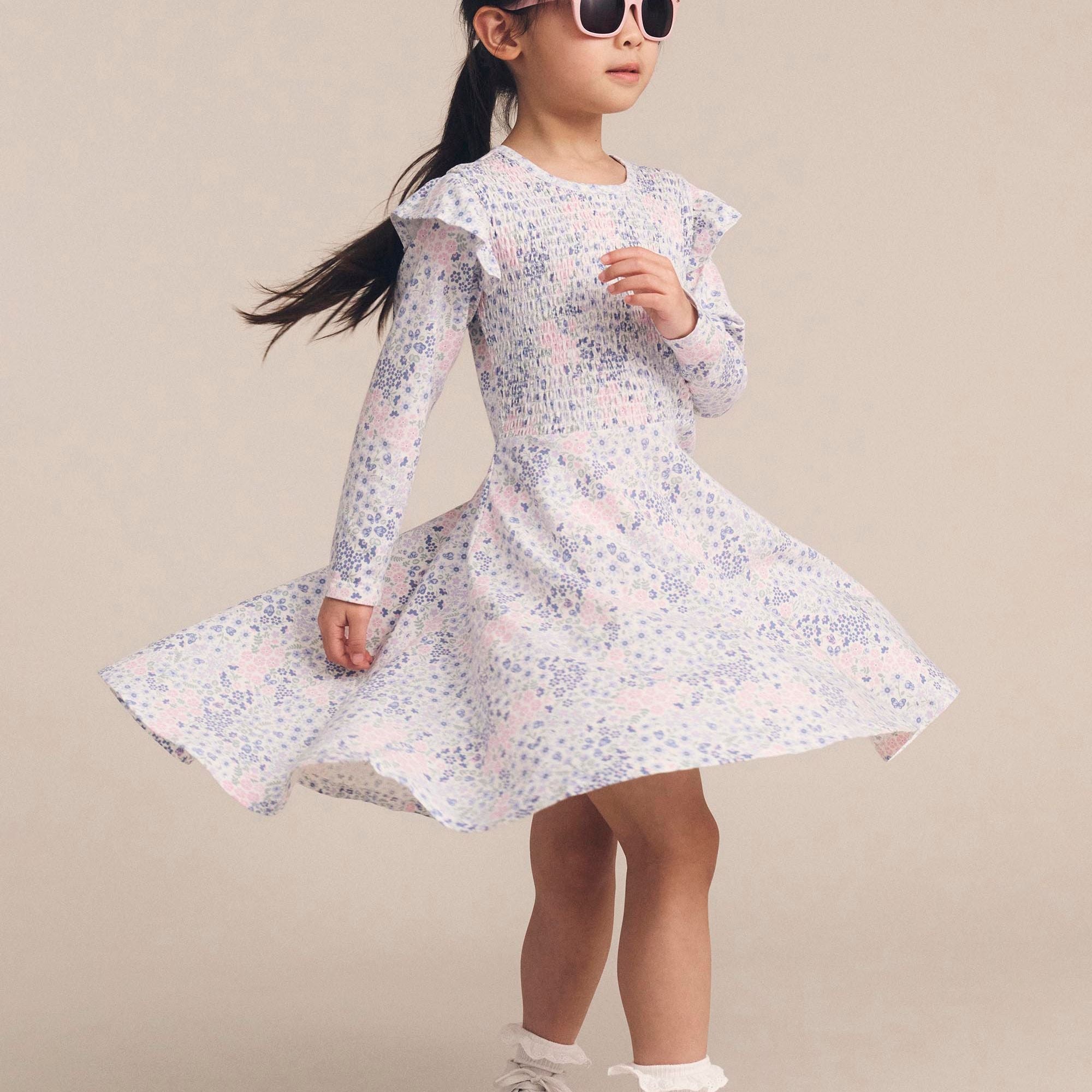 HUX FLOWER GARDEN SHIRRED L/S DRESS
