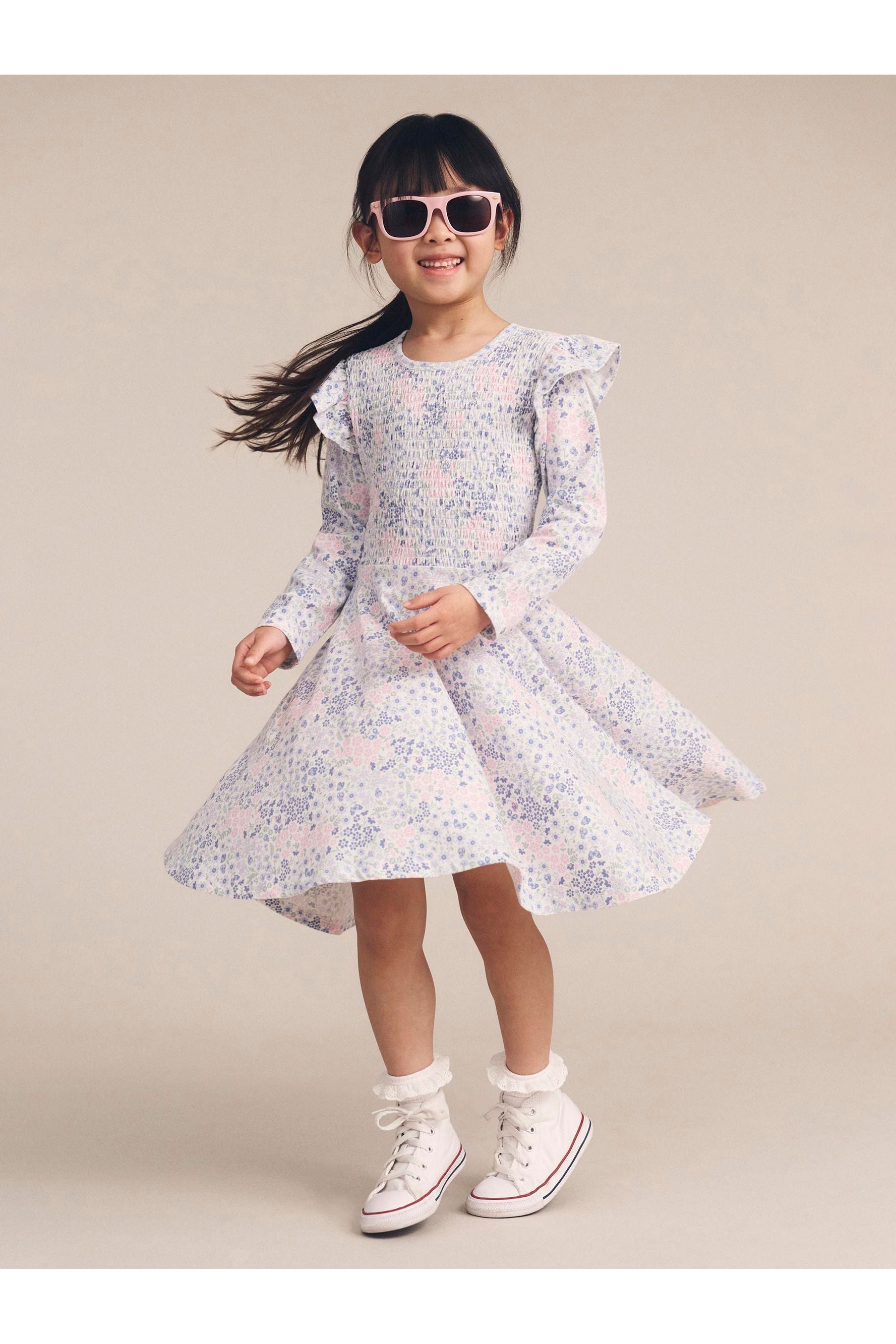 HUX FLOWER GARDEN SHIRRED L/S DRESS