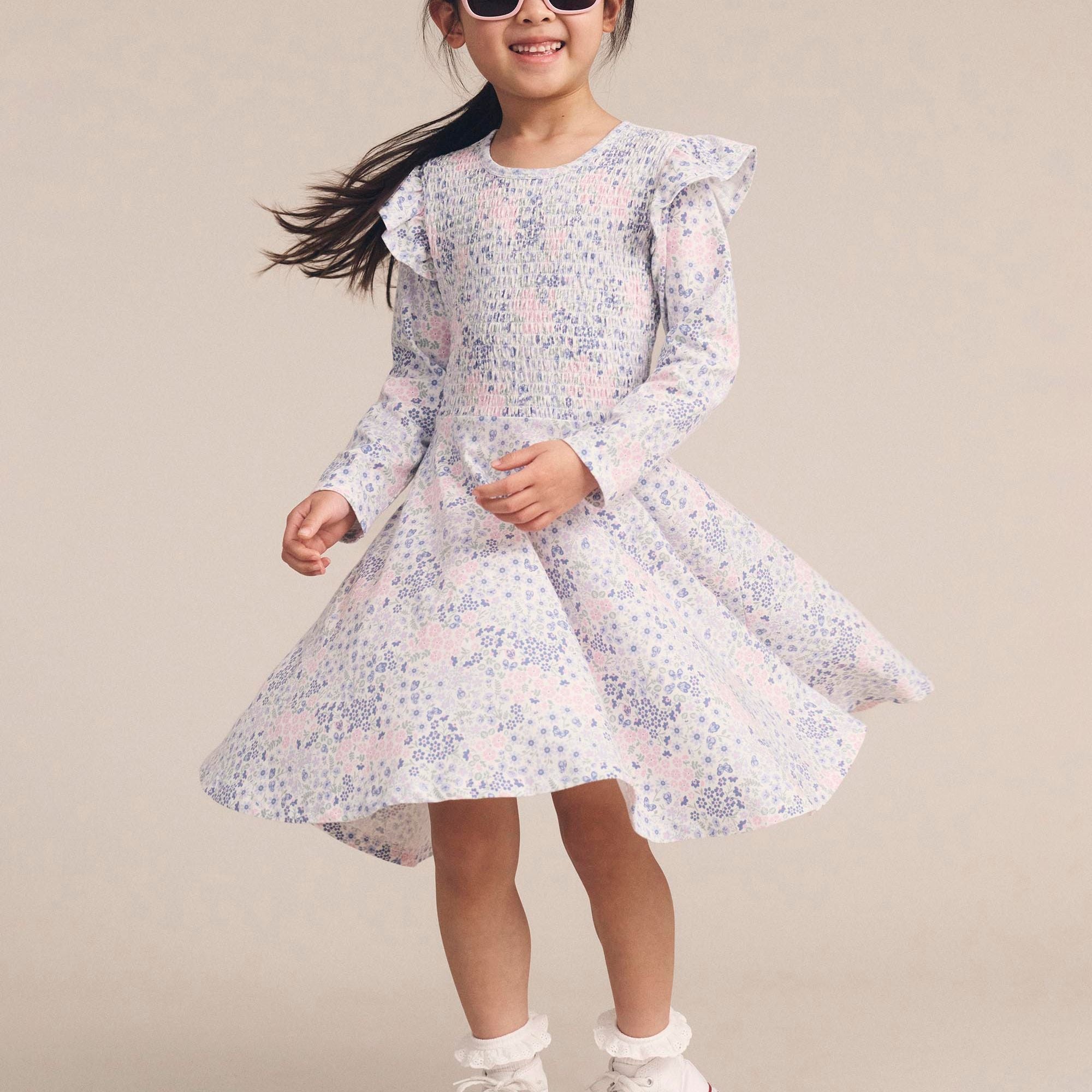 HUX FLOWER GARDEN SHIRRED L/S DRESS