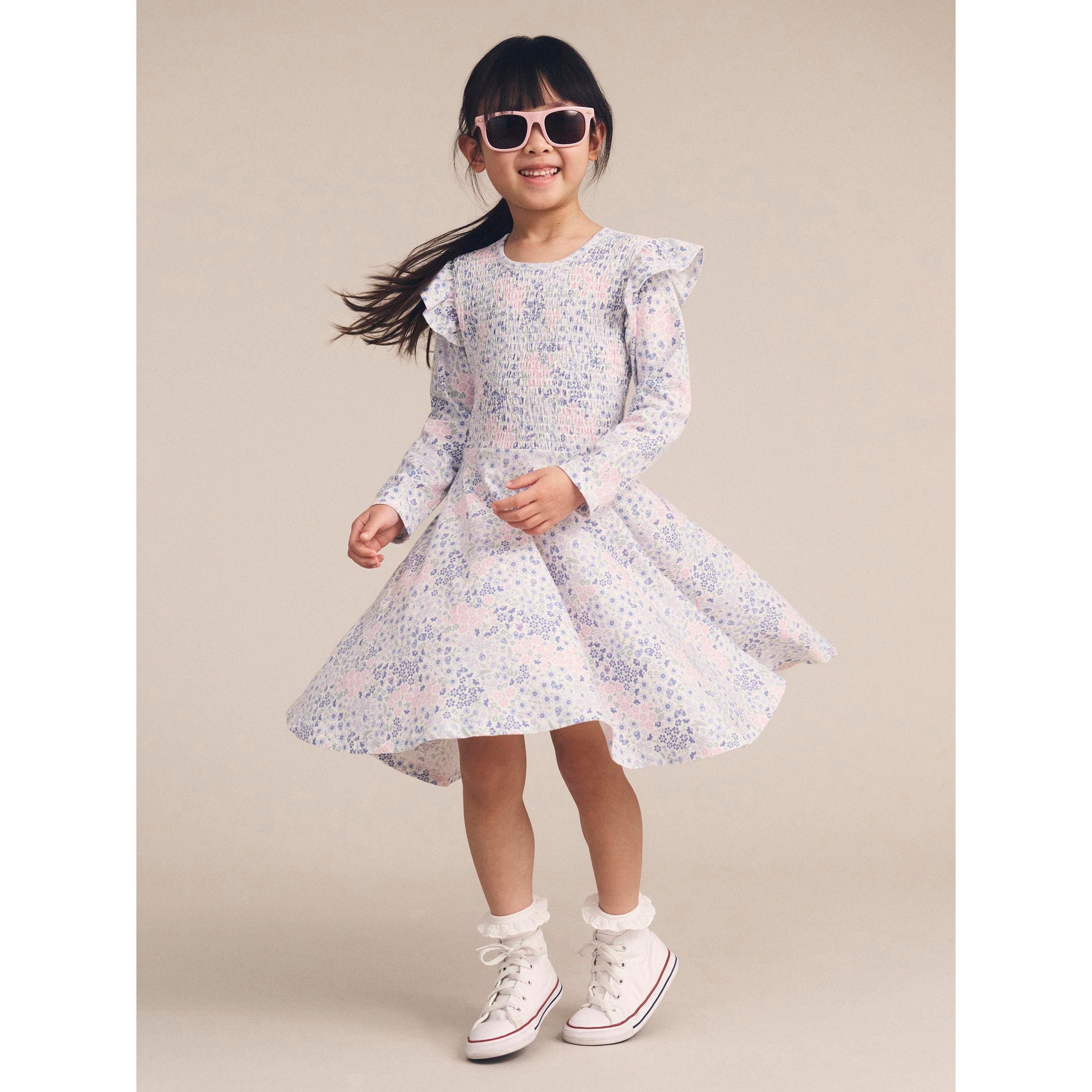 HUX FLOWER GARDEN SHIRRED L/S DRESS