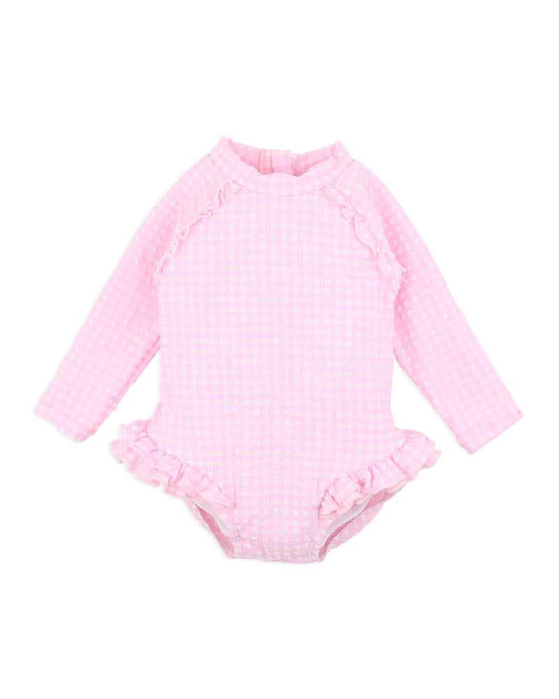 PINK GINGHAM LS SUNSUIT