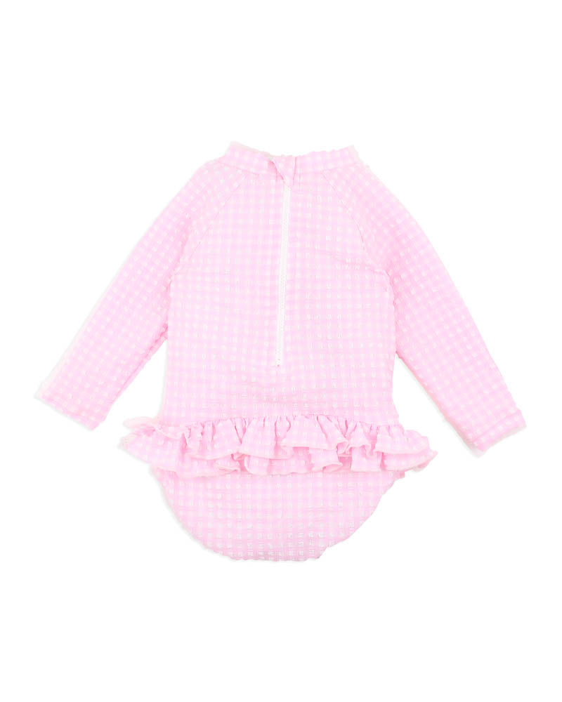 PINK GINGHAM LS SUNSUIT
