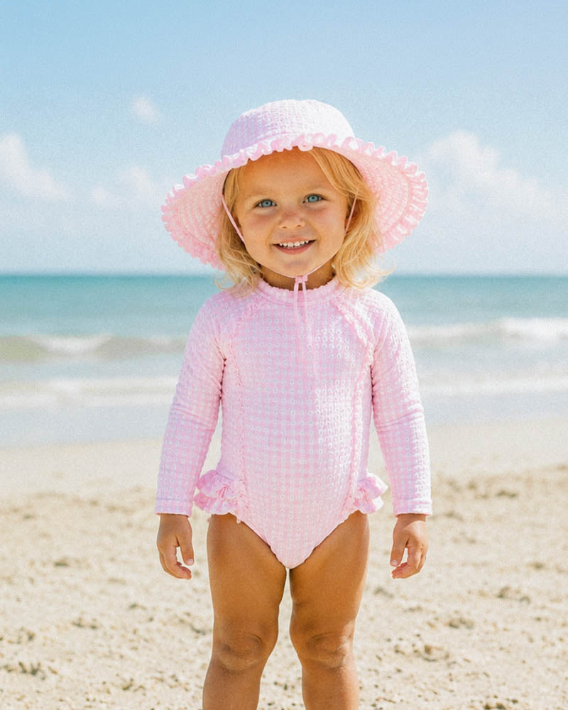 PINK GINGHAM LS SUNSUIT