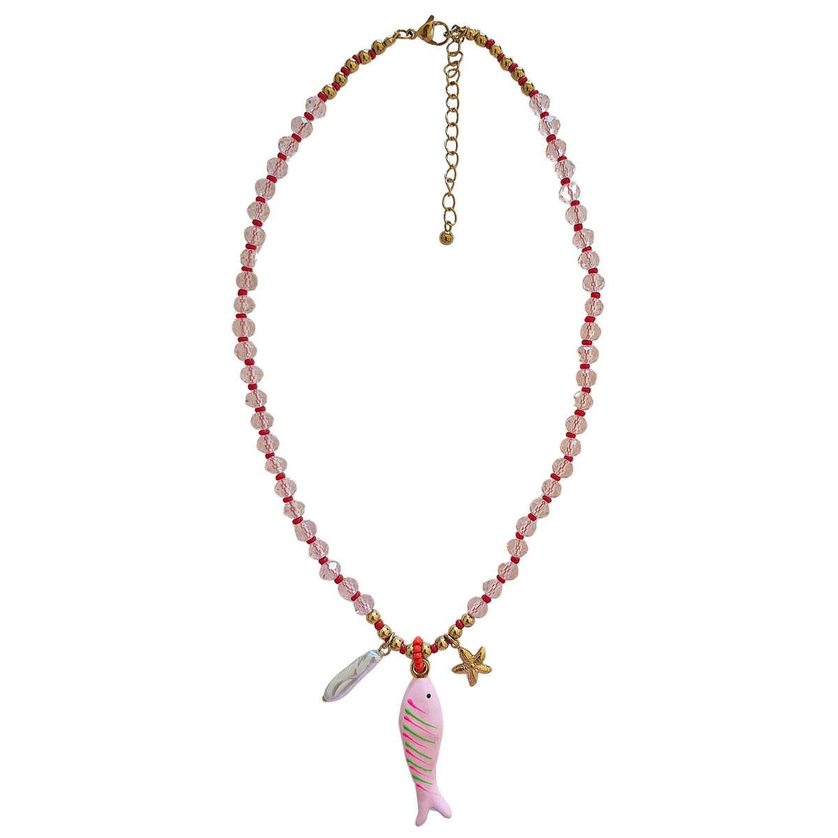 Zoda Beaded Charm Necklace - Pink Fish