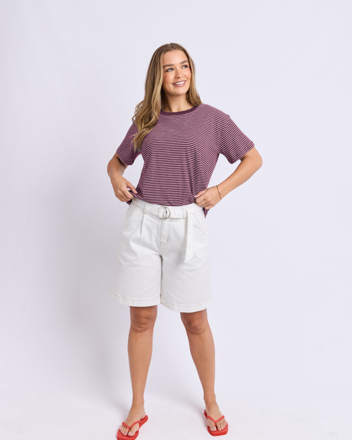 HUTCH STRIPE TEE - PLUM/WHITE STRIPE