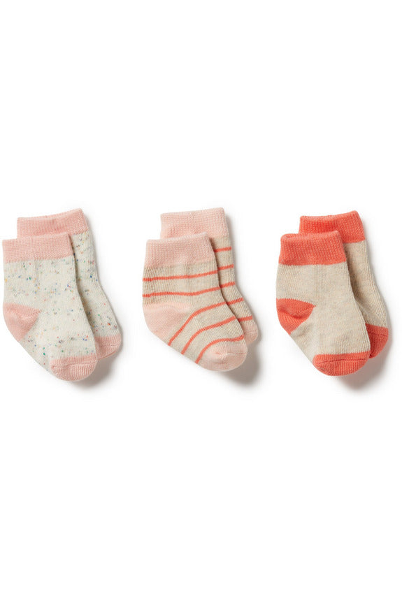 Organic 3 Pack Baby Socks - Silver Peony / Fog / Coral